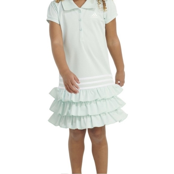 Adidas Light Green Ruffle Bottom Dress Short Sleeve 3/4 Button Sporty Girls 5 - Picture 1 of 9